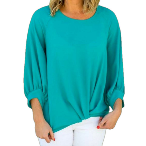 Gibson x Living in Yellow NWT Turquoise Maggie Twist Hem Top Size Medium - Picture 1 of 11